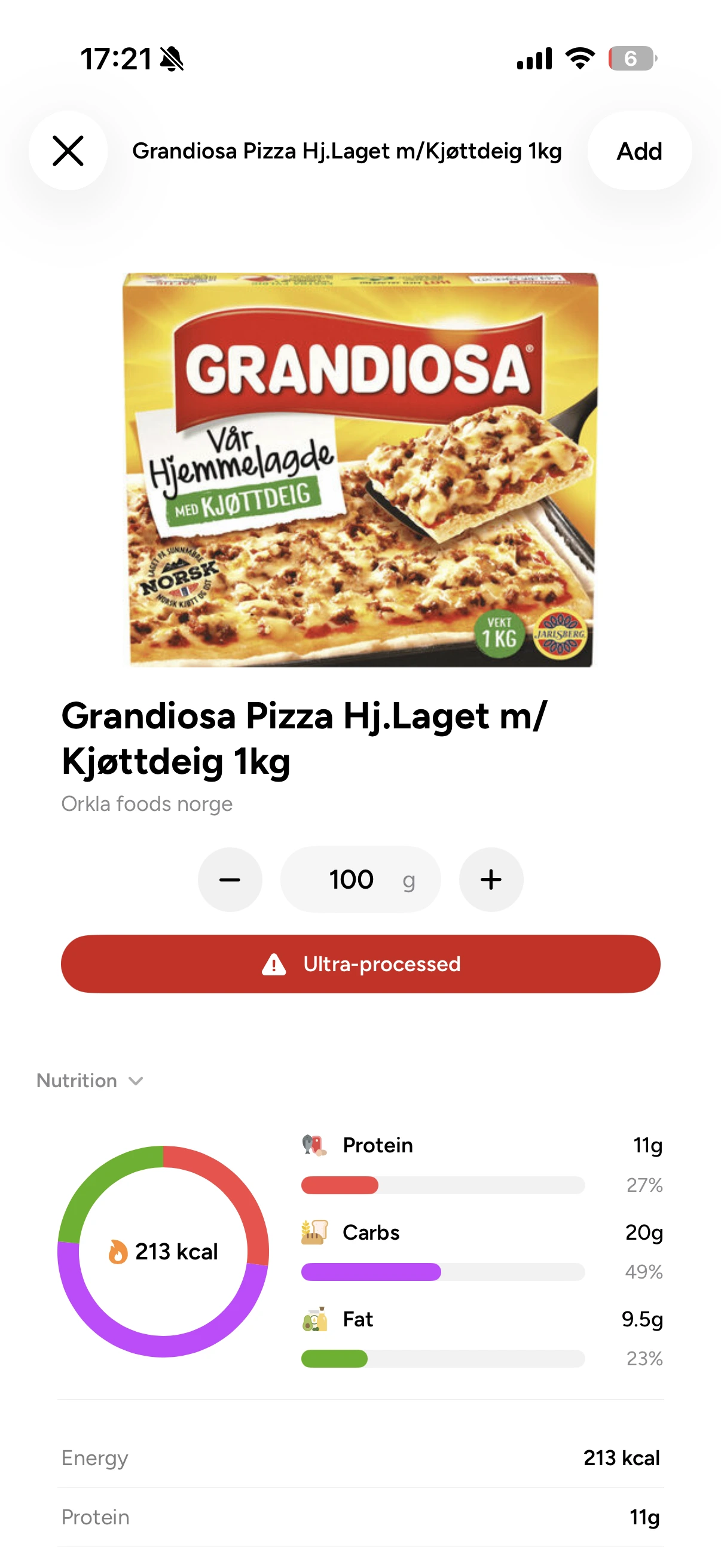 Biffen flagging a frozen pizza as ultra-processed