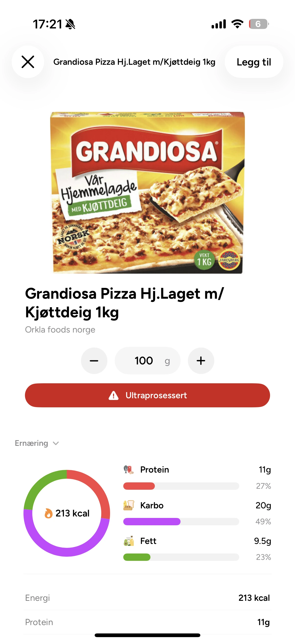 Biffen markerer en frossenpizza som ultraprosessert
